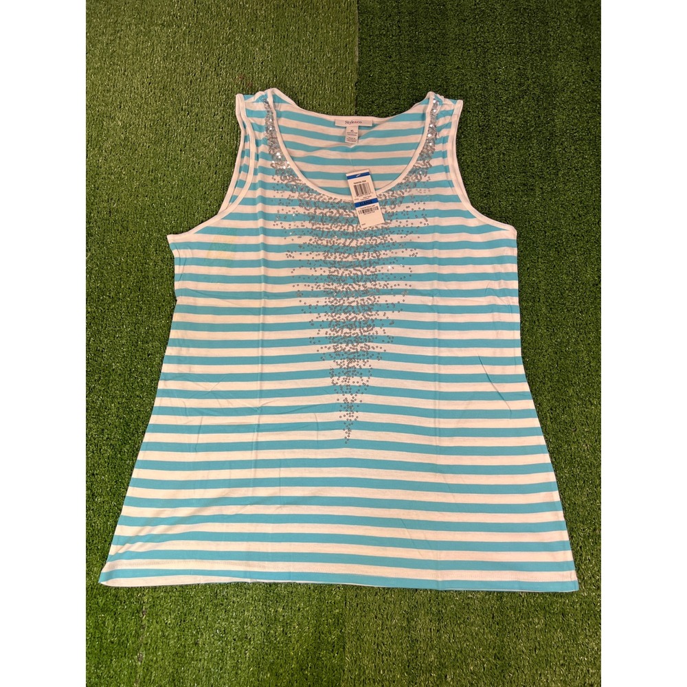 Style & Co Womens XL Turquoise White Striped Sequin Embellished Tank Top New NWT